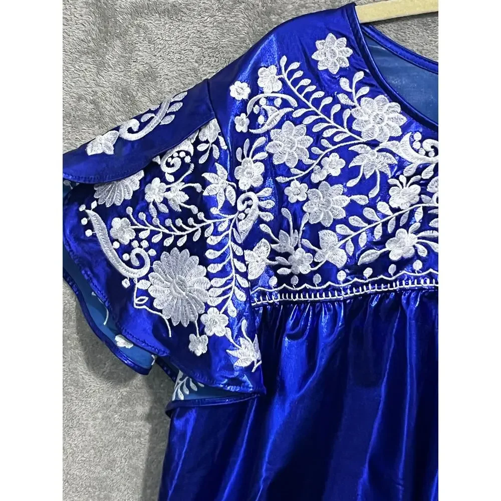 Layerz Maher Blouse Large Blue Metallic Satin Mexican Style Embroidery Boho NWT - Picture 3 of 7